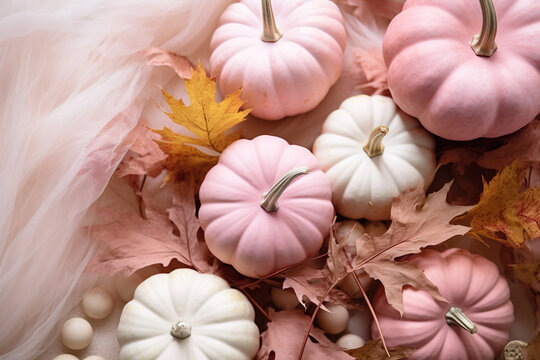 pink pastel pumpkins with fall leaves on soft colored ground with space for text, soft pink fall background