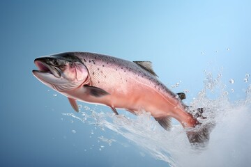 Advertisement studio banner with a raw slice of salmon fish flying in the air with water splashes on pastel plain gradient background. Food ingredient levitation