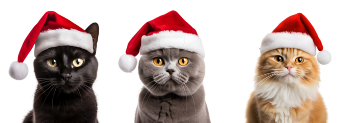 set of cats with santa claus hat, christmas cat  isolated on transparent background - Generative AI