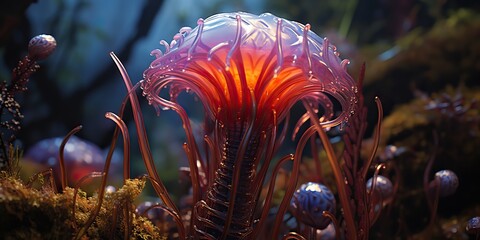 AI Generated. AI Generative. Glowing light mushrooms psychedelic mystic neon nature outdoor forest plant landscape.  Graphic Art