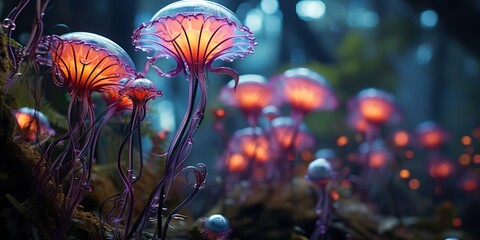 AI Generated. AI Generative. Glowing light mushrooms psychedelic mystic neon nature outdoor forest plant landscape.  Graphic Art
