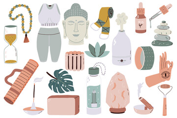 Set Yoga Items in hand drawn style. Vector Meditation Equipment