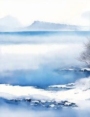 Winter watercolor sea view 