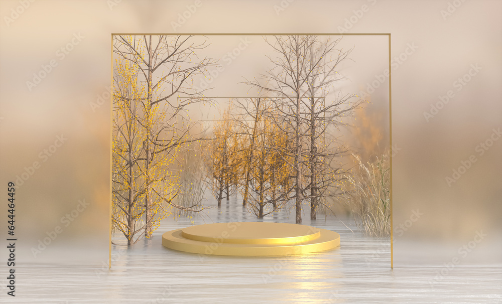 Aufkleber autumn landscape scene with a podium for product display. 3d rendering.