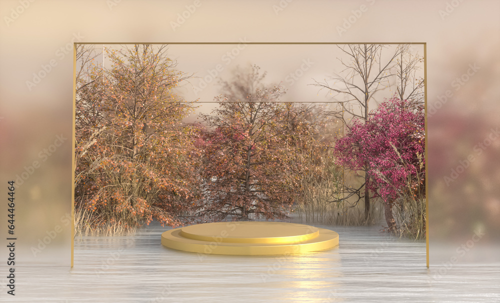 Aufkleber autumn landscape scene with a podium for product display. 3d rendering.
