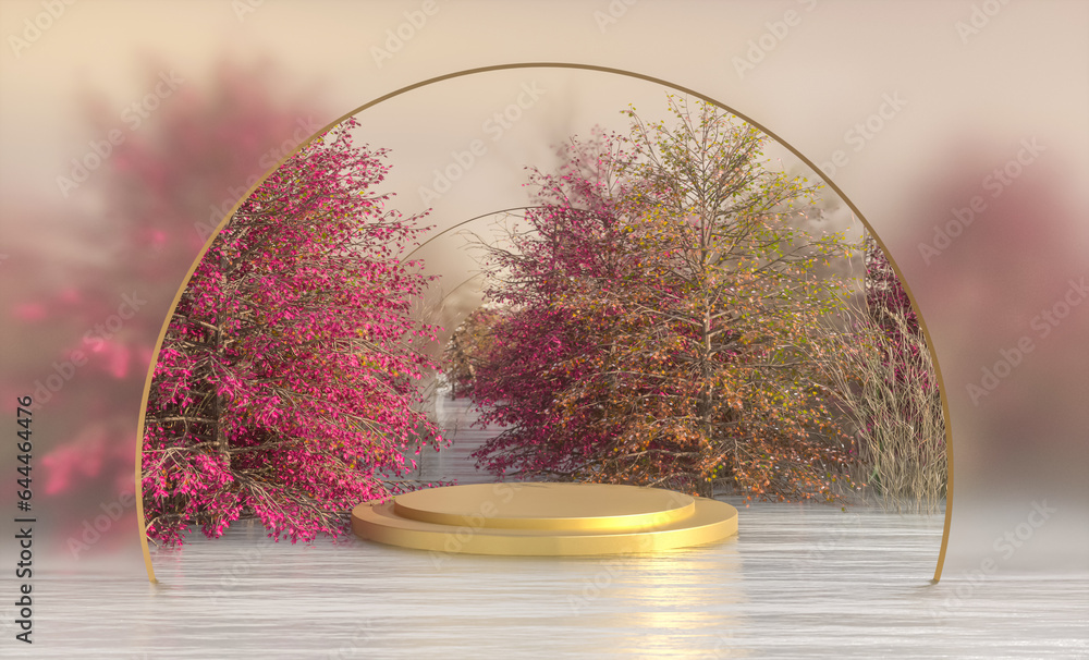 Poster autumn landscape scene with a podium for product display. 3d rendering.