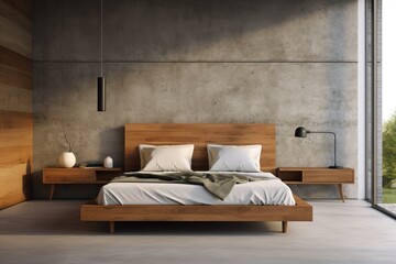 Cozy modern minimalistic scandinavian interior design of a spacious bedroom with wooden bed, concrete tiles floor, earthly tones and beige colors