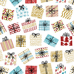 Gift vector seamless pattern. Christmas or birthday present hand drawn sketch doodle background - 644464482