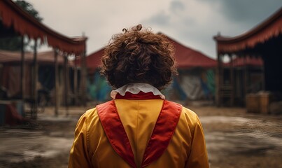 a clown overlooking a lonely amusement park with a gloomy atmosphere, ai generative