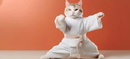 Foto auf Leinwand Funny cat in white kimono exercising yoga or Asian martial art © Denis