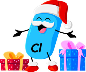 Cartoon Christmas Cl micronutrient character wearing Santa hat with festive gift boxes. Isolated vector Chlorine blue capsule Noel personage spreading holiday cheer with its cheerful happy smile