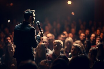 a male motivational speaker or a stand-up comedian presenting his speech in front of an audience in...