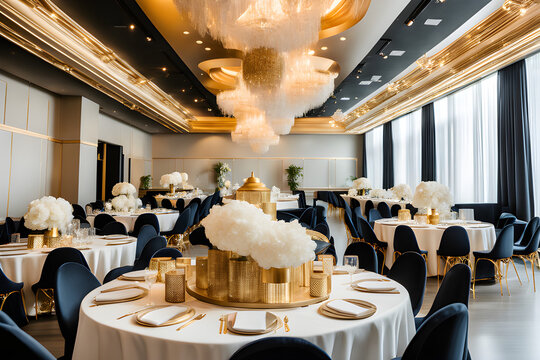 A modern event venue adorned with gilded accents and upscale furnishings. Interior Ad Concept. Generative AI.