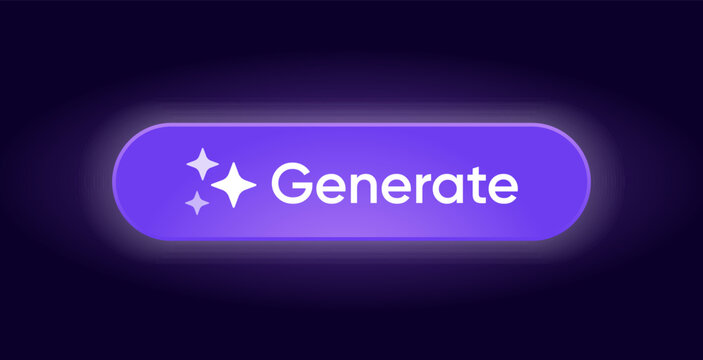 Generate AI button. Artificial intelligence icon. Machine learning generator. Generate text and image pressbutton. Magic stars sign. Chat brain assistant. Vector illustration.