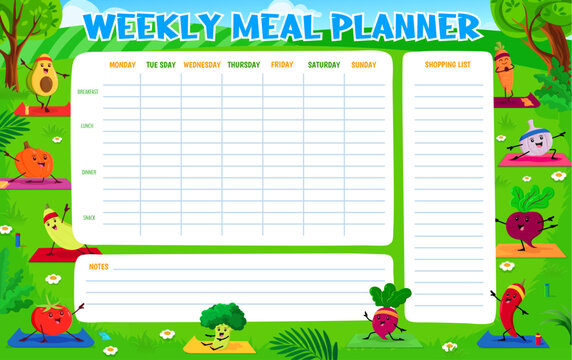 Weekly meal planner with funny vegetable characters on yoga. Vector food schedule, agenda calendar with cartoon avocado, pumpkin, squash, tomato and broccoli. Beetroot, radish, chili pepper or carrot - Powered by Adobe