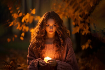 Girl in sweater, candle, maples leaves on table Cozy autumn concept