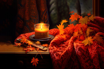 Sweater, candle, maples leaves on table Cozy autumn concept