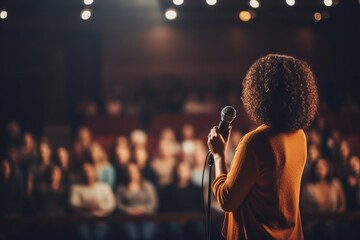 a female motivational speaker or a stand-up comedian presenting her speech in front of an audience in a microphone in a dark club or concert hall venue with selective lighting