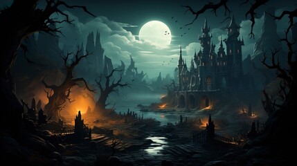 Fototapeta premium 16:9 aspect ratio spooky halloween background wallpaper with scary haunted castle and trees