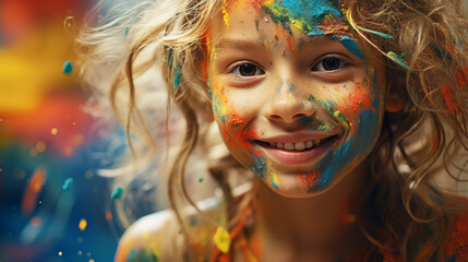 Fototapeta premium Beautiful young girl covered in colorful paint , smile , kid fun activity concept