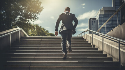 Businessman climbing stairs, back view