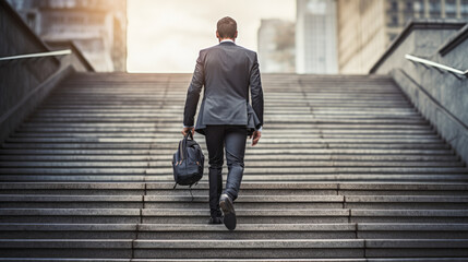 Businessman climbing stairs, back view