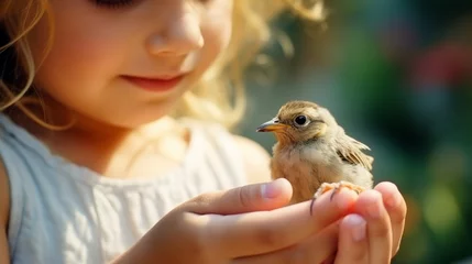 Foto op Plexiglas Child girl gently holding a small bird in her hands , animal protection concept © Keitma