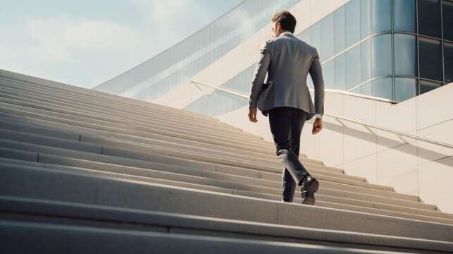 Businessman climbing stairs, back view