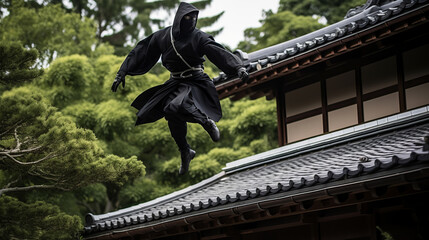 Man costumed in japanese ninja running on house roof wearing black outfit