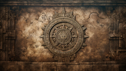 Fototapeta na wymiar American Indian-themed backdrop featuring a Mayan or Aztec calendar displayed on weathered wall, adorned with textured empty space