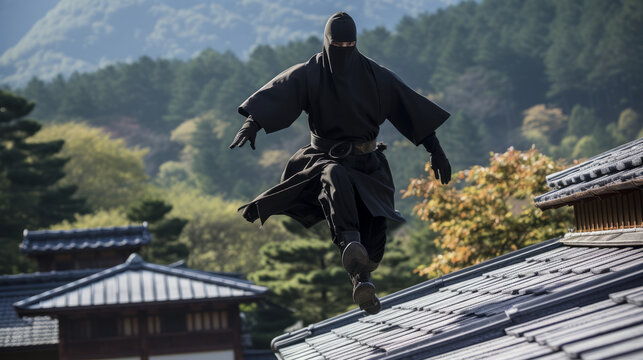 Man costumed in japanese ninja running on house roof wearing black outfit