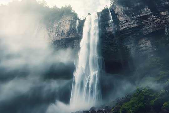 Scenery of a large waterfall falling down from a high cliff with mist floating in air and water flowing at extreme speeds. Landscape forms nature in a wide-angle view concept.