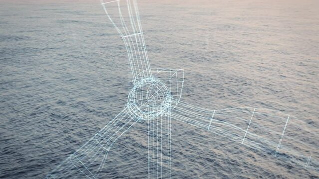 Futuristic visualisation of the building of an offshore wind farm with several wind turbines at sunset. Digitized wireframe concepts turn into real wind turbines. Green and renewable energy concept.