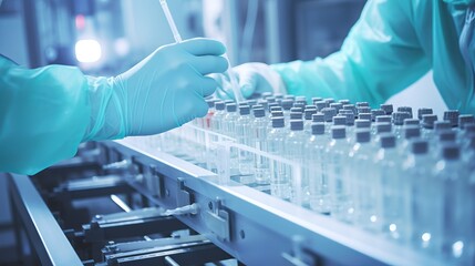 hands of a doctor, scientist or medical worker in blue sanitary gloves controlling medicinal products vaccine vials at pharmaceutical factory. Pharma assembly line with liquid meds in glass bottles