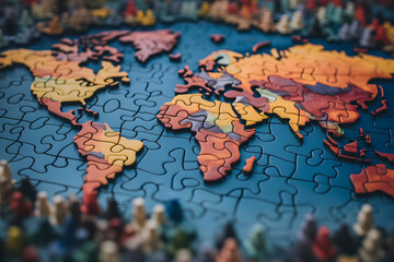 Close-up of a world map, made with puzzle pieces. selective focus.