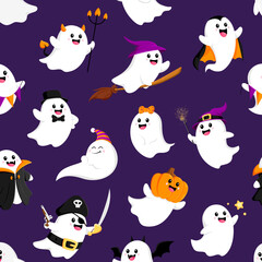Halloween kawaii ghosts seamless pattern. Vector happy spirits and cute phantoms cartoon characters in Halloween trick or treat costumes. Pumpkin, witch, vampire, pirate, dracula and devil ghosts