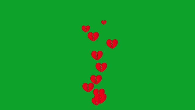 Broken heart animation slowly floats on a green screen. broken heart floats on chroma key background. Used at Valentine's Day festival.