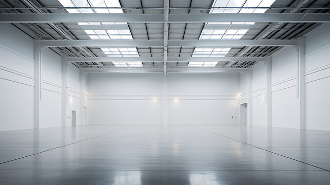 Within the confines of a vacant, sleek white warehouse..
