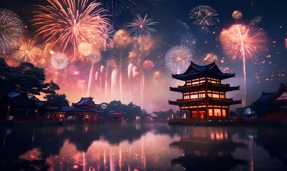 Gordijnen Japanese night fireworks festival with typical Japanese buildings, AI Generative © Miftah