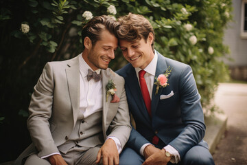 Gay Wedding. Two men in suits sit huddled against a friend.