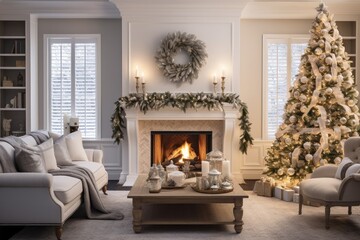 Fototapeta premium Generative ai of inside the house with a Christmas tree and decorated in a warm Christmas theme.