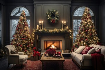 Generative ai of inside the house with a Christmas tree and decorated in a warm Christmas theme.