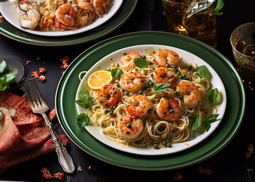 Shrimp picata served with green beans and lemon slice on a green plate, festive delicacies