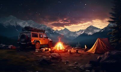 mountain campfire and backpacker car with mountain background, generative ai - obrazy, fototapety, plakaty