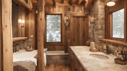 The interior design of the bathroom in this luxurious American cabin-style home is very lovely, using stone, wood, venetian plaster, and warm tones.