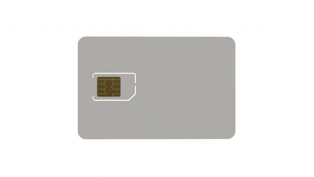 Blank white SIM-card coming closer to screen on white empty background. Mobile phone 4G/5G/6G wireless data connection item turning. 3D render video animation illustration design web banner template.