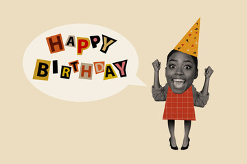 Picture collage postcard of overjoyed cheerful girl hand fist congratulate scream say tell happy birthday isolated on painted background