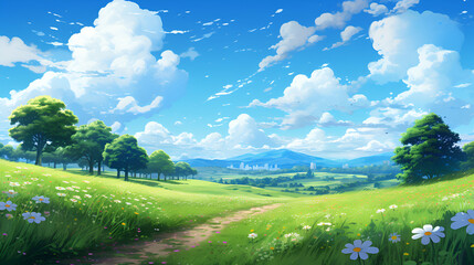 meadow with a sky full of clouds, anime style