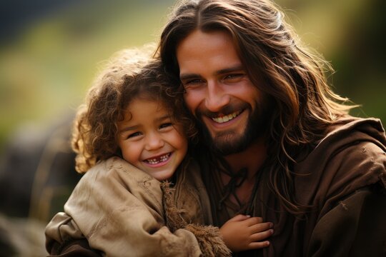 portrait of jesus with little girl in arm