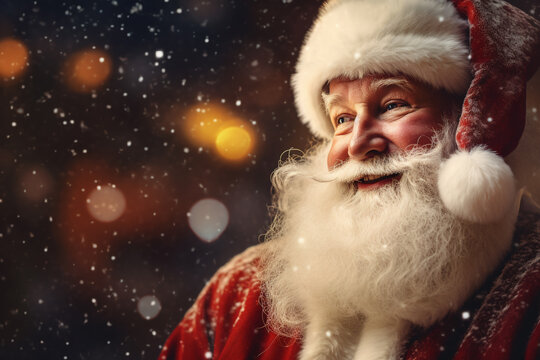 Santa Clause close up portrait with a golden bokeh background